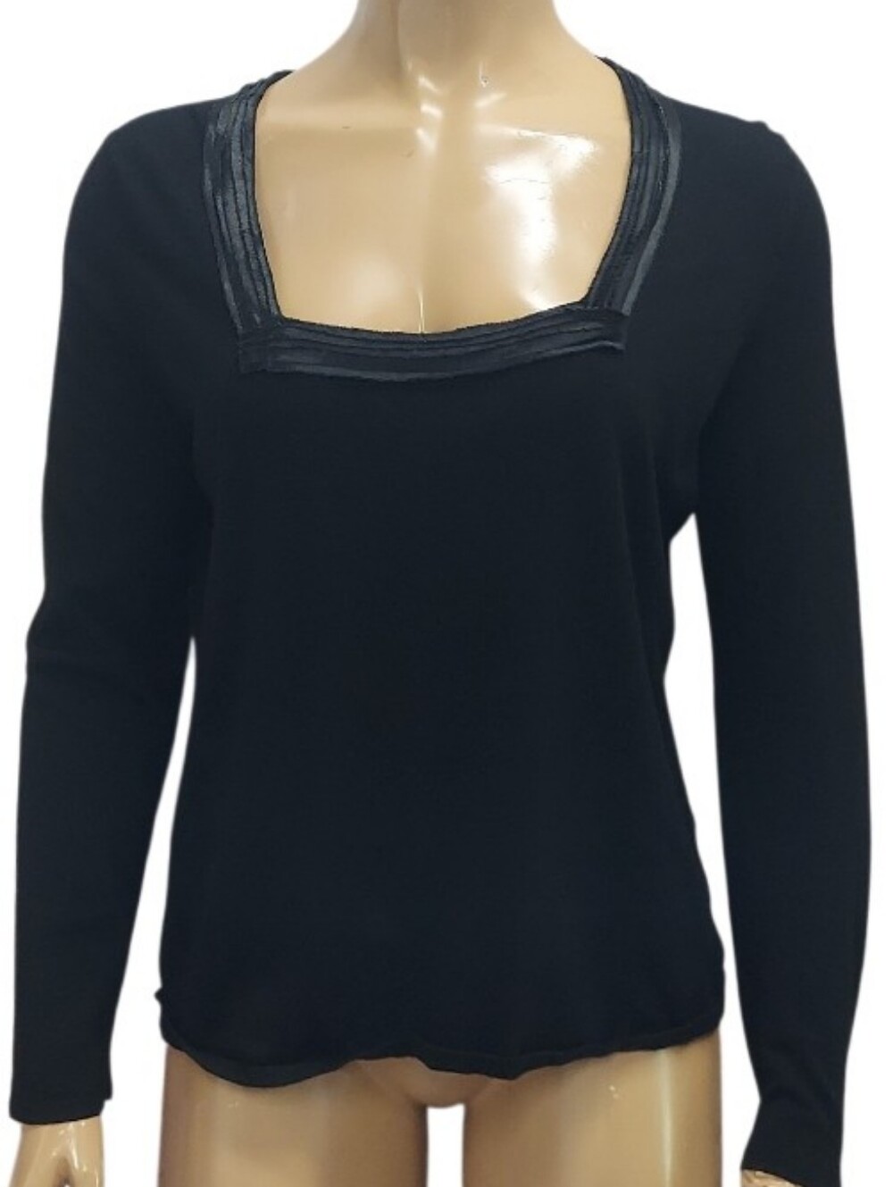 RED Black Long Sleeve Square Satin Detail Neckline Lightweight Knit Sweater Top